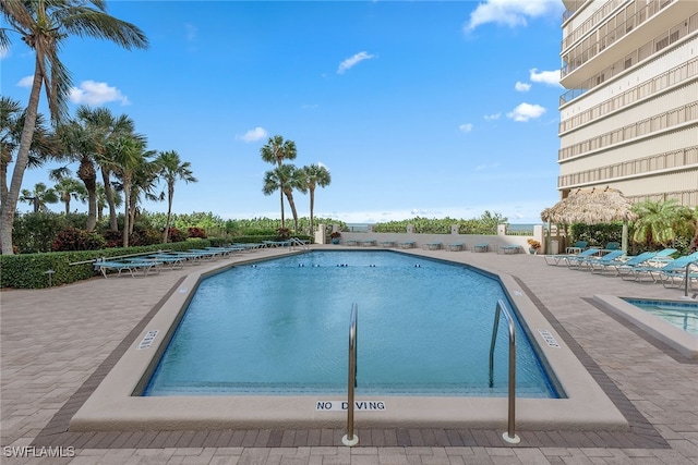 view of swimming pool featuring a patio area