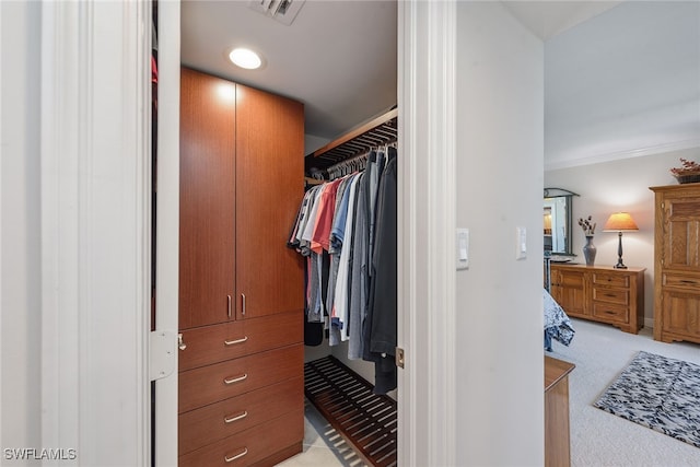 walk in closet with light carpet