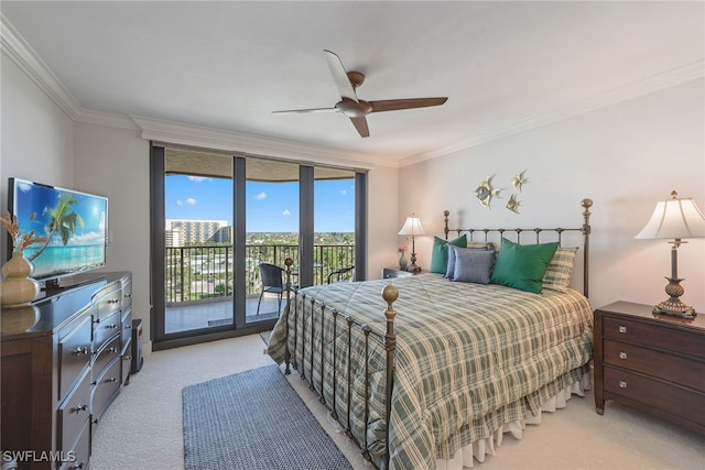 bedroom with access to outside, ceiling fan, crown molding, and light colored carpet