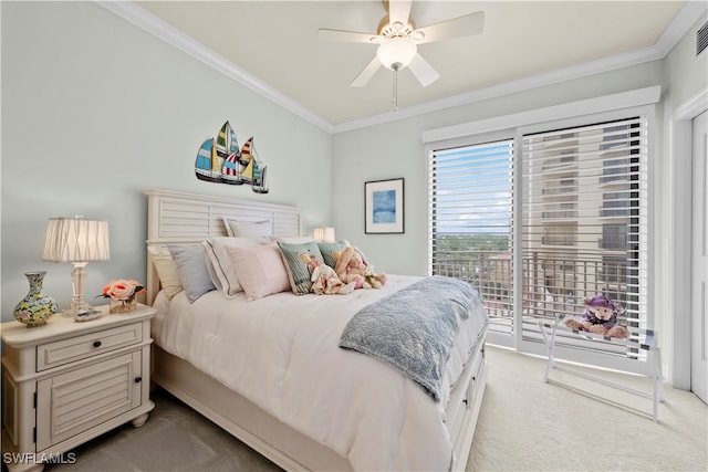 bedroom featuring access to outside, ceiling fan, light colored carpet, and ornamental molding