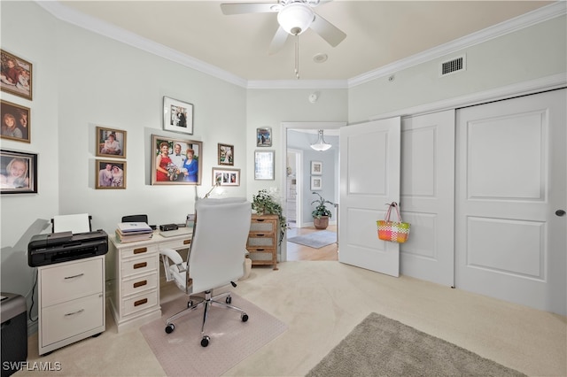 carpeted office featuring ceiling fan and ornamental molding