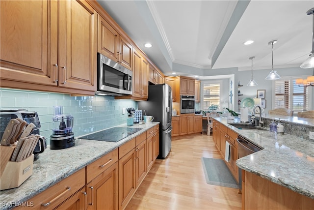 kitchen featuring pendant lighting, sink, light stone countertops, light hardwood / wood-style floors, and stainless steel appliances