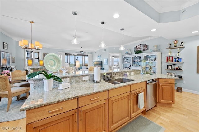 kitchen featuring light stone countertops, sink, stainless steel dishwasher, ceiling fan with notable chandelier, and light wood-type flooring