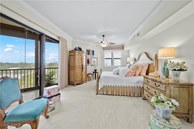 bedroom featuring access to outside, ceiling fan, crown molding, and light colored carpet