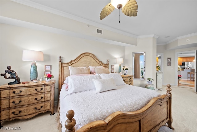 carpeted bedroom featuring ceiling fan, ornamental molding, and stainless steel refrigerator