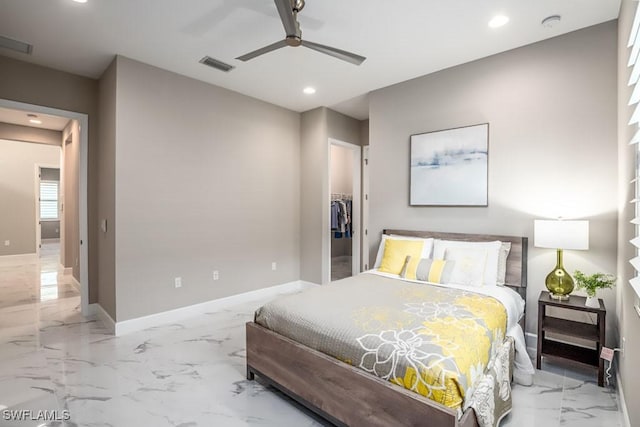 bedroom featuring marble finish floor, recessed lighting, visible vents, and baseboards