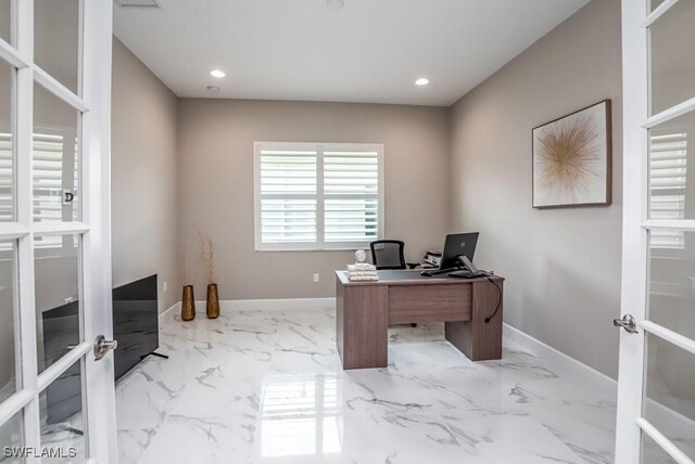 office area featuring recessed lighting, french doors, marble finish floor, and baseboards