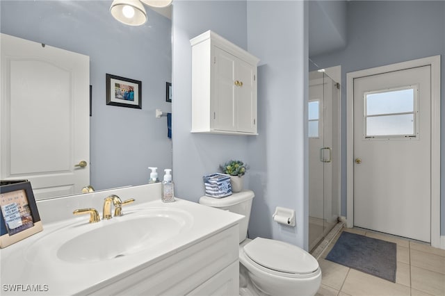 full bath with vanity, a shower stall, toilet, and tile patterned floors