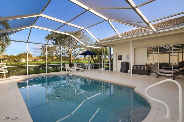 view of swimming pool with a lanai, a patio area, and grilling area