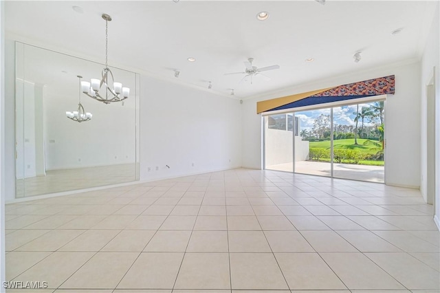 tiled empty room with ceiling fan with notable chandelier and crown molding