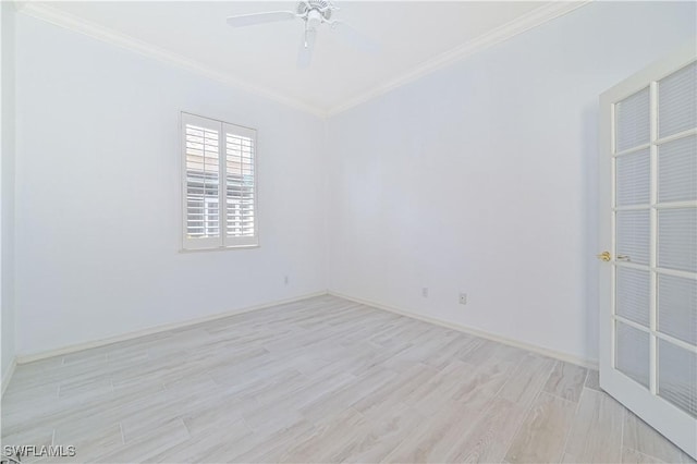 spare room with light hardwood / wood-style flooring, ceiling fan, and crown molding