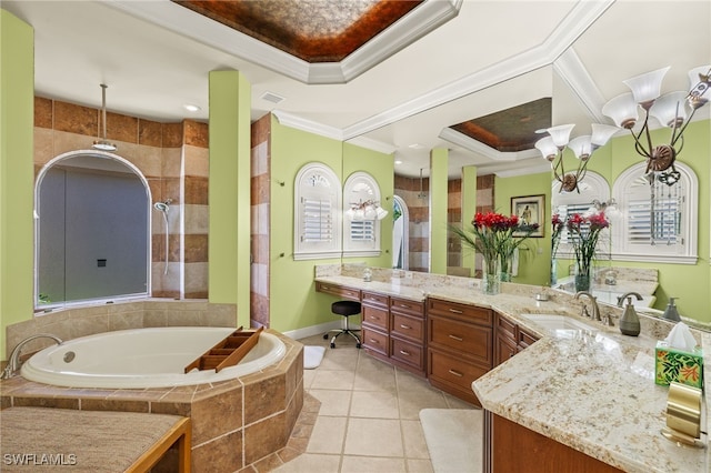 bathroom with vanity, separate shower and tub, plenty of natural light, and crown molding