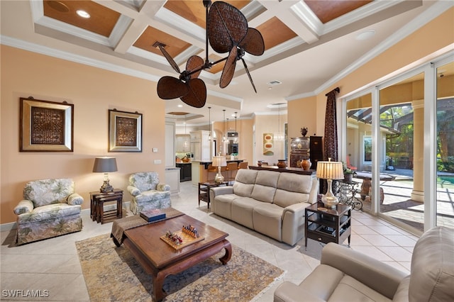 living room with beamed ceiling, light tile patterned floors, ornamental molding, and coffered ceiling