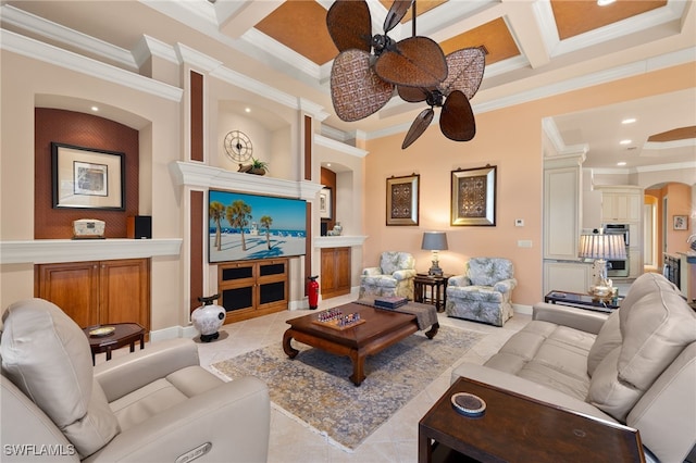 living room with ceiling fan, crown molding, light tile patterned flooring, and coffered ceiling