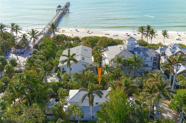 bird's eye view with a beach view and a water view