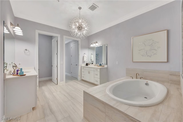 bathroom featuring vanity, a relaxing tiled tub, crown molding, and a chandelier