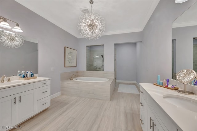 bathroom featuring vanity, ornamental molding, shower with separate bathtub, and a chandelier