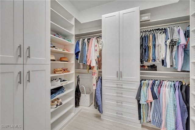 walk in closet with light wood-type flooring