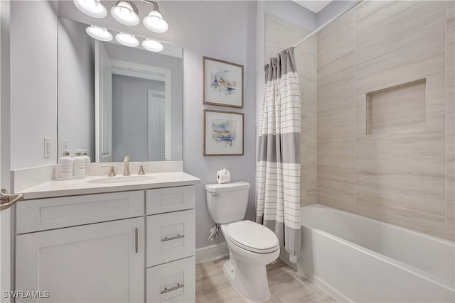 full bathroom with vanity, toilet, and shower / bathtub combination with curtain