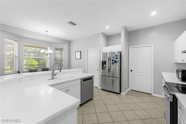 kitchen with white cabinets, appliances with stainless steel finishes, hanging light fixtures, and sink