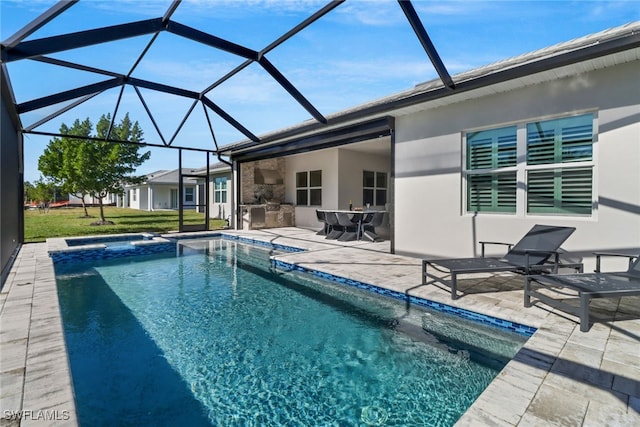 view of pool featuring a lanai and a patio area