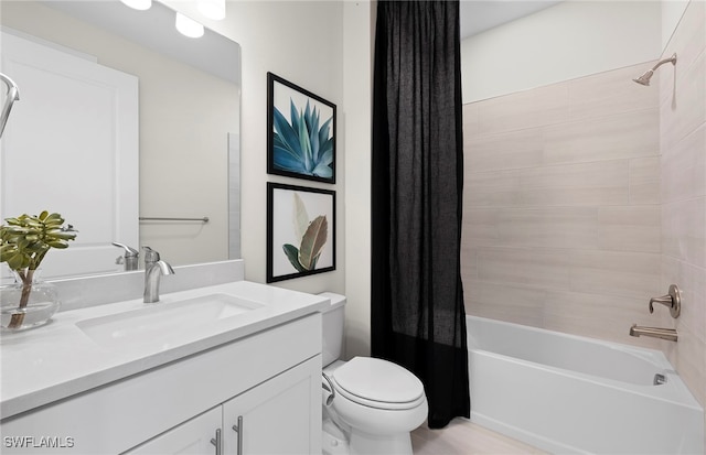 full bathroom with toilet, vanity, and shower / tub combo with curtain