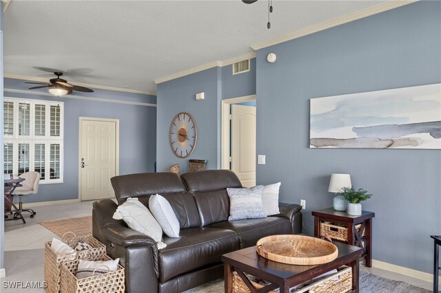 255 Cays Dr Unit 2001, Naples, FL 34114 - living area with ceiling fan, crown molding, light tile patterned floors, and baseboards