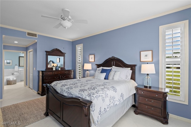 bedroom with connected bathroom, ceiling fan, a closet, light tile patterned floors, and ornamental molding