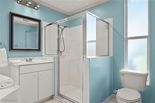 255 Cays Dr Unit 2001, Naples, FL 34114 - full bathroom featuring ornamental molding, a stall shower, vanity, and toilet