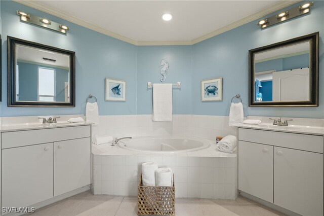 255 Cays Dr Unit 2001, Naples, FL 34114 - bathroom featuring tile patterned flooring, two vanities, ornamental molding, and a bath