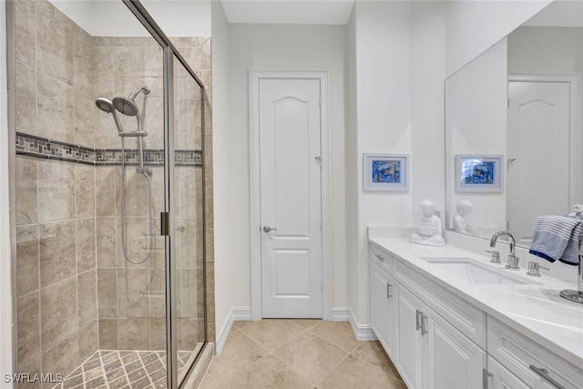 bathroom featuring vanity, tile patterned floors, and an enclosed shower