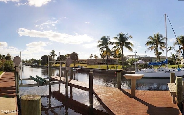 view of dock with a water view and boat lift