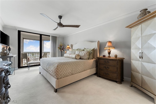 bedroom featuring access to exterior, ceiling fan, light colored carpet, and ornamental molding