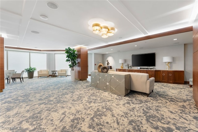 living room with carpet and coffered ceiling