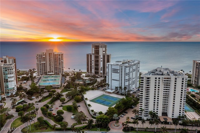 aerial view at dusk with a water view