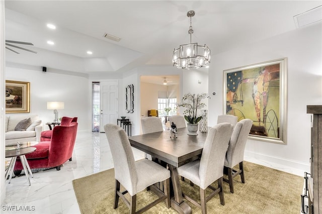 dining area with visible vents, baseboards, ceiling fan, recessed lighting, and marble finish floor