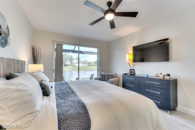 bedroom with access to outside, baseboards, and ceiling fan