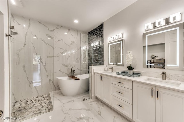 full bathroom featuring a marble finish shower, marble finish floor, and a sink