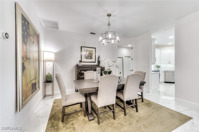 dining room featuring recessed lighting, visible vents, marble finish floor, and baseboards