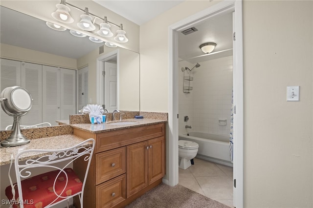 full bathroom with toilet, tile patterned flooring, vanity, and tiled shower / bath