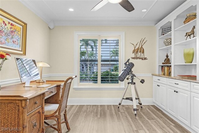 office with ceiling fan, light wood-type flooring, and crown molding