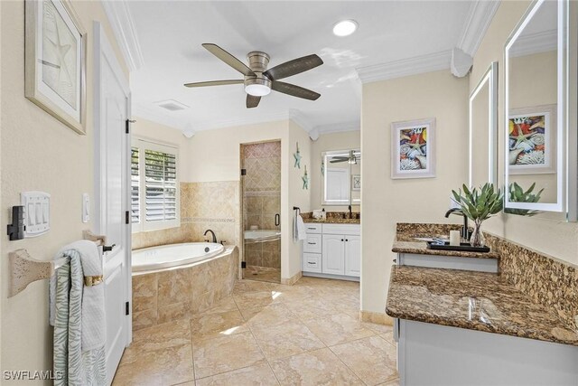 bathroom with crown molding, vanity, independent shower and bath, and ceiling fan