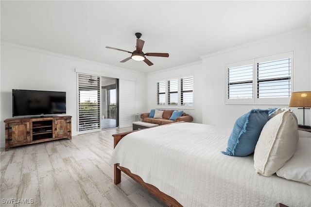 bedroom with access to exterior, ceiling fan, ornamental molding, and light wood-type flooring