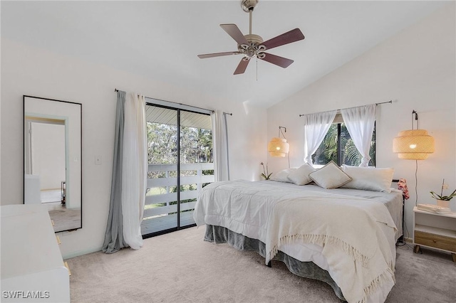 bedroom featuring vaulted ceiling, access to outside, ceiling fan, and carpet flooring