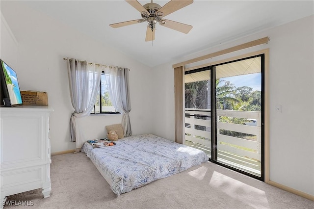 bedroom with light carpet, baseboards, ceiling fan, access to outside, and vaulted ceiling