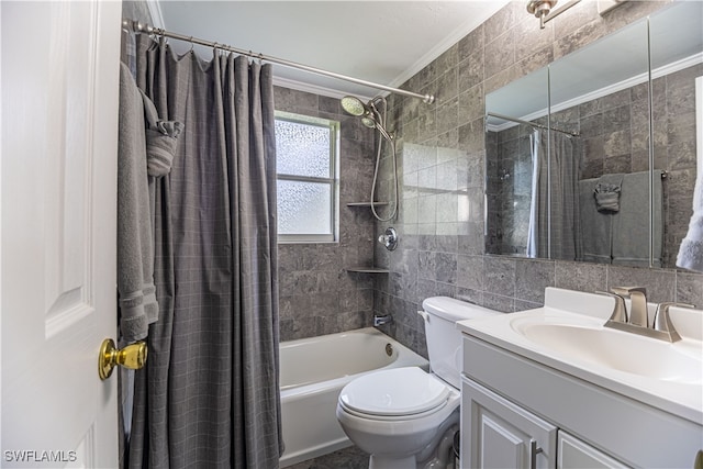 full bathroom with vanity, shower / bath combo with shower curtain, ornamental molding, tile walls, and tasteful backsplash