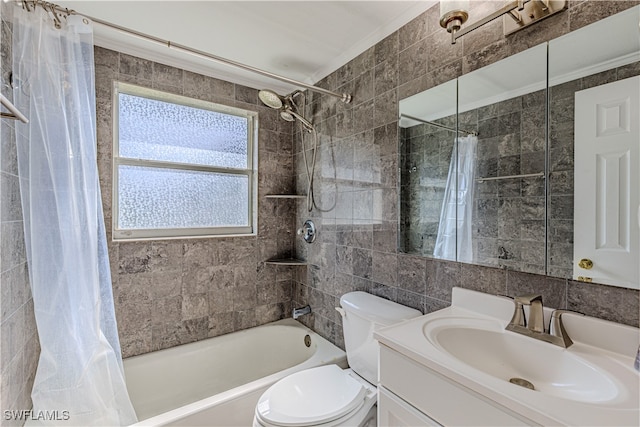 full bathroom featuring shower / bath combo, vanity, toilet, and tile walls