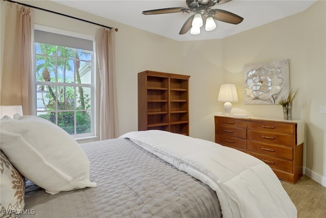 bedroom featuring light wood-type flooring and ceiling fan