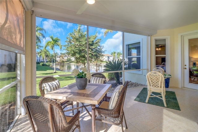 sunroom / solarium featuring a water view