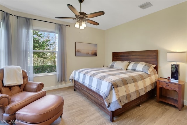 bedroom featuring ceiling fan and light wood-type flooring